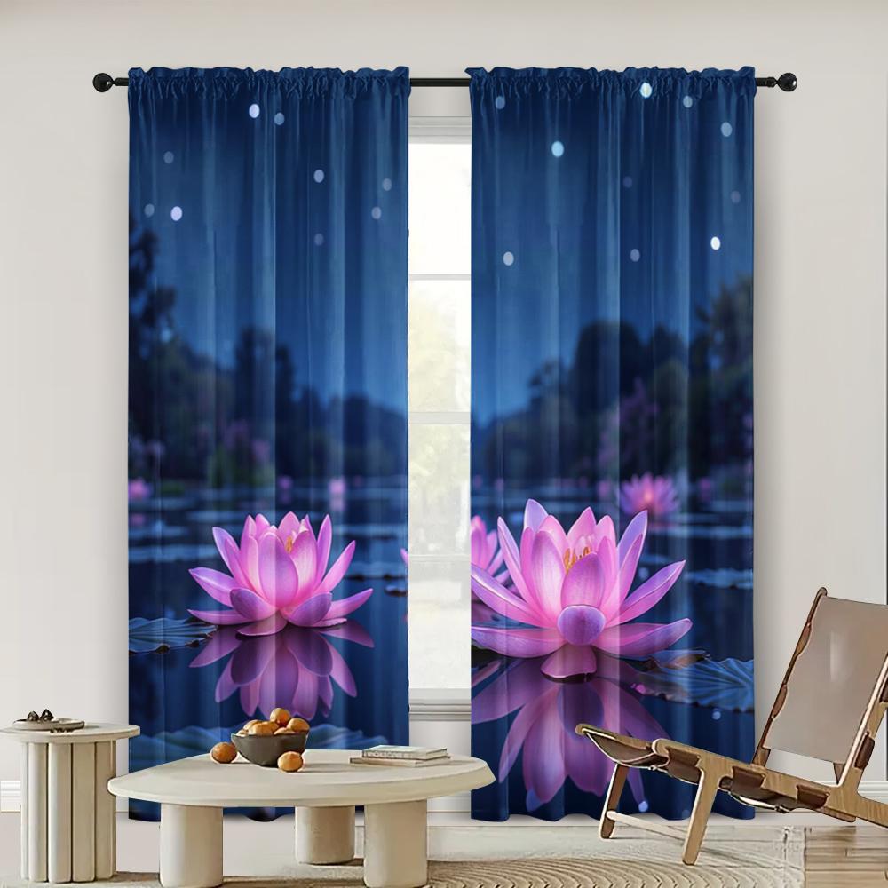 2pc,  Scene Curtains Elegant Pink Lotus Machine Washable Polyester,Without Electricity Wall Decor Suitable for Holiday Home