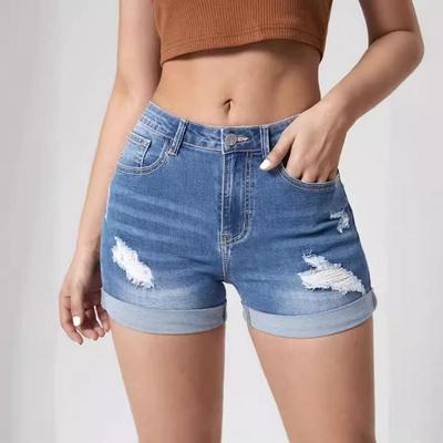 Pantaloncini di Jeans Trendy ad Alta Elasticità a Vita Alta Strappati con Risvolto per Donna Hot Pants