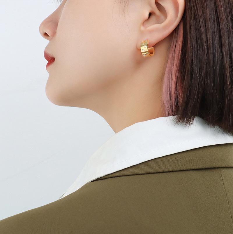 18K Gold-Plated Zircon C-Shaped Geometric Earrings in Titanium Steel