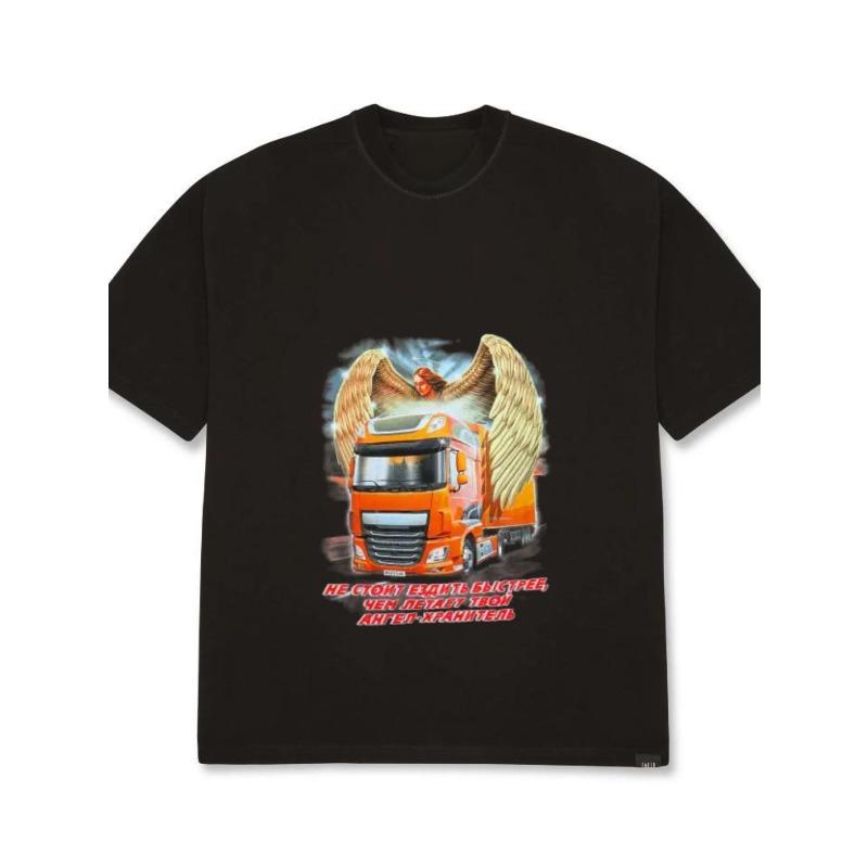 Men's T-Shirt White Truck with Wings and Russian Text Graphic Casual Wear for Everyday Use