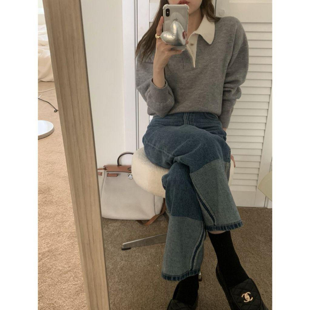 

Женский осенне-зимний свитер с высоким воротником: Корейский дизайн в стиле колор-блок, Нежный стиль, Вязаная основа One Size серый