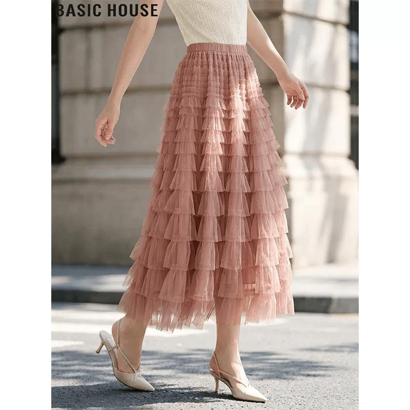 Basic House High-Waist Mesh Pleated A-Line Maxi Skirt S