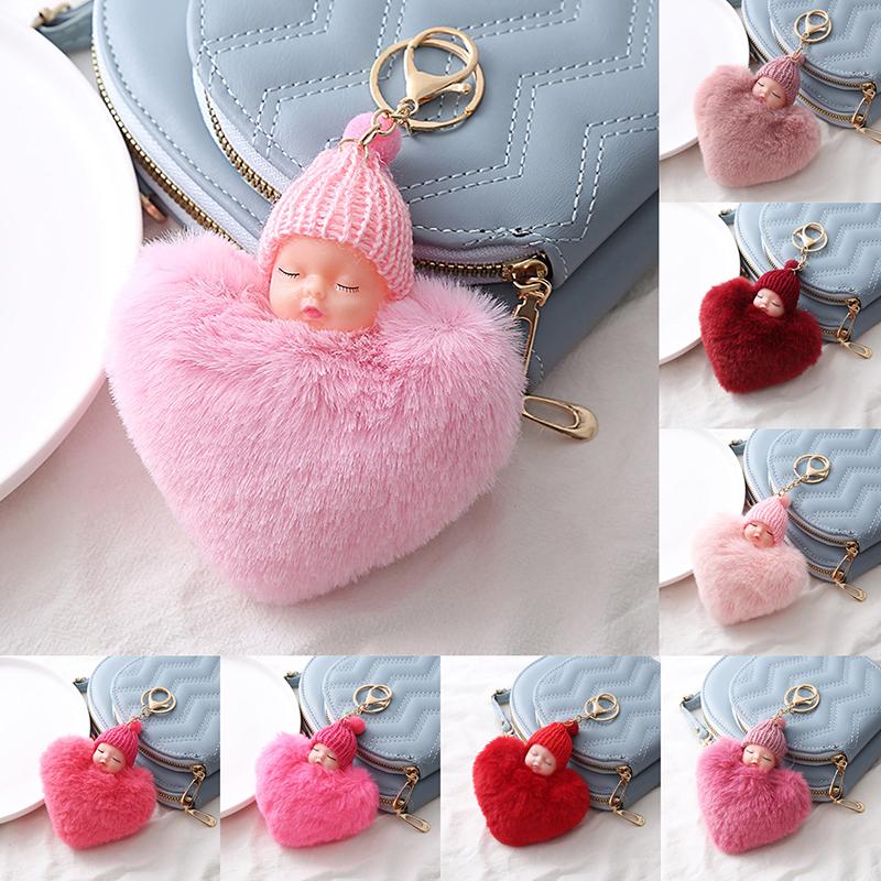 Plüsch Pfirsich Herz Pompon Schlafendes Baby Puppe Schlüsselanhänger Schlüsselanhänger Halter Tasche Für Frauen Mädchen Mode Schmuck Geschenk Charmante Dekoration