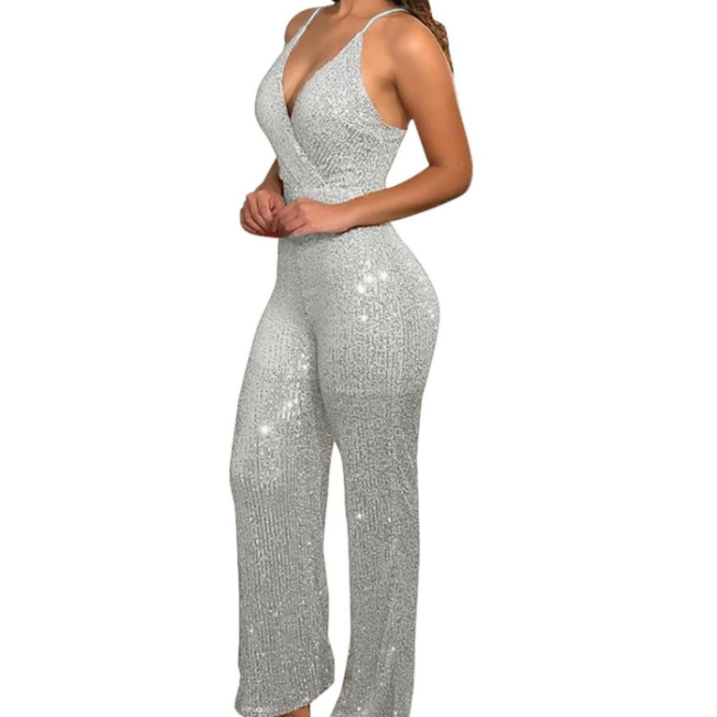 Damen V-Ausschnitt Ärmellos Slim Fit Jumpsuit Hohe Taille Gerades Bein Jumpsuit