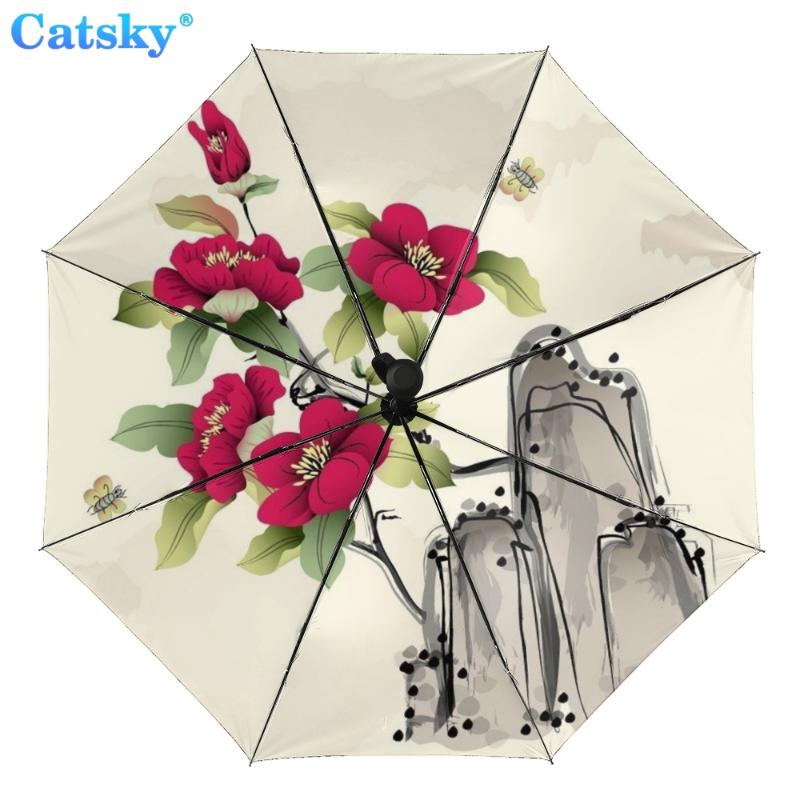 

Полностью автоматический трехстворчатый складной зонт с китайской росписью и черным покрытием, анти-УФ-защита от солнца, женский зонтик от дождя