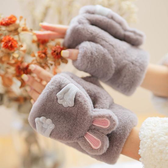 Women Winter Plush Gloves Thickened Warm Fuzzy Rabbit Mittens Girls Convertible Winter Fingerless Mittens