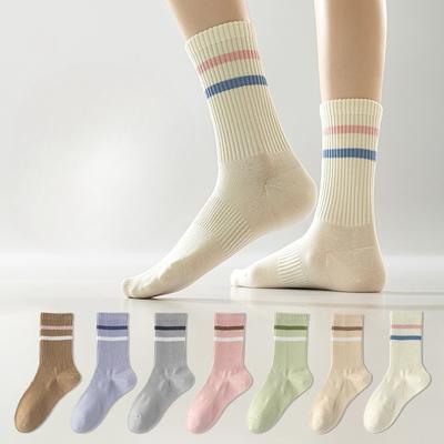 Female Spring and Autumn Pure Cotton Parallel Bar Stripes All Kinds of Sports Boneless Sweat Absorbing Tube Socks