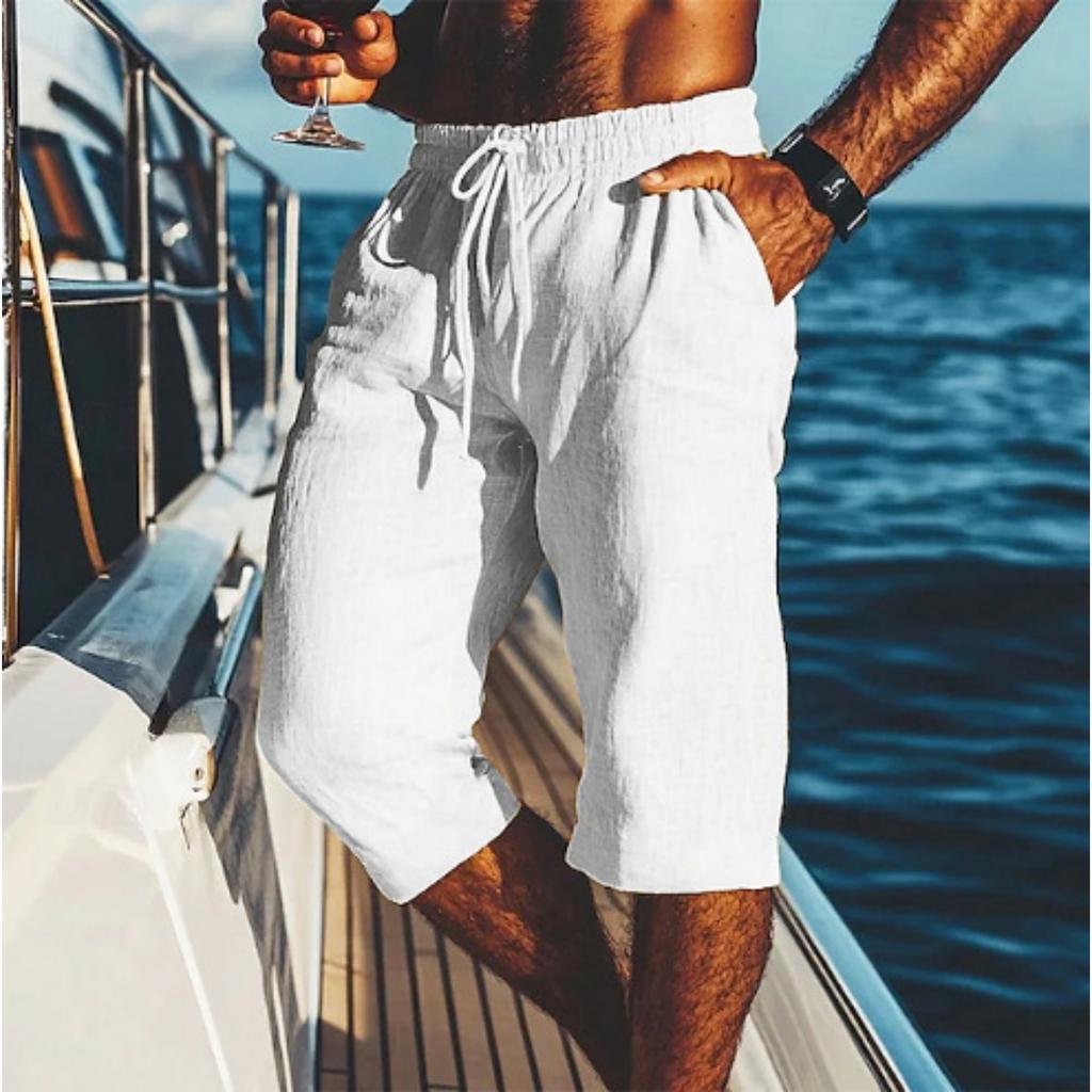 Men's -color Casual Cotton And Linen Loose-fitting Seven-inch Shorts