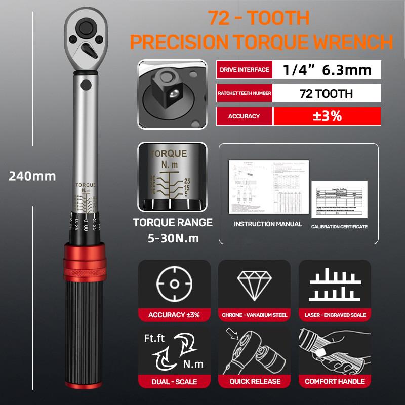 1 /4'' 3/8'' 1/2'' 72-Tooth Ratchet Handle Drive Click Torque Wrench Adjustable Industrial Dual-Direction Upgraded Torque Wrench