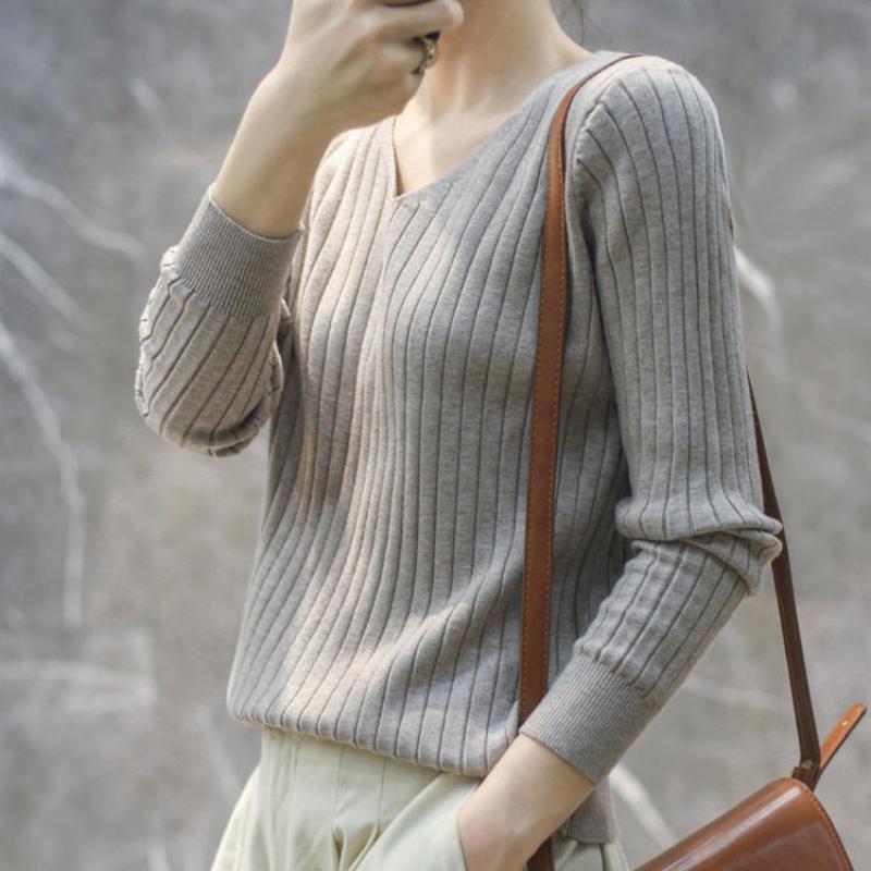 Autumn New Thin Casual Pullover Sweater Women Long Sleeve Base V-neck Knitted Sweater for Women Winter Bottoming Slim Fit Female Knitwear Tops 24744