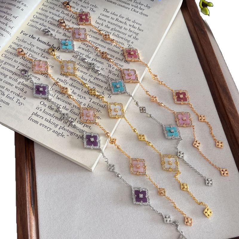Italian Cloth Qi Lati Natural White Fritillary Four-Leaf Clover Bracelet Women'S Fashion Retro Rhombus Chalcedony Jewelry
