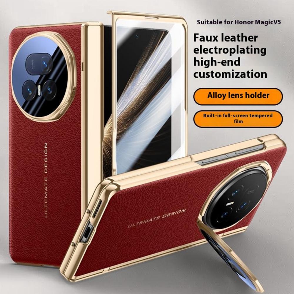 Pouzdro pro Honor Magic V5 5G Kožené+PC Kryt na telefon s HD tvrzeným sklem, Stojánek na objektiv