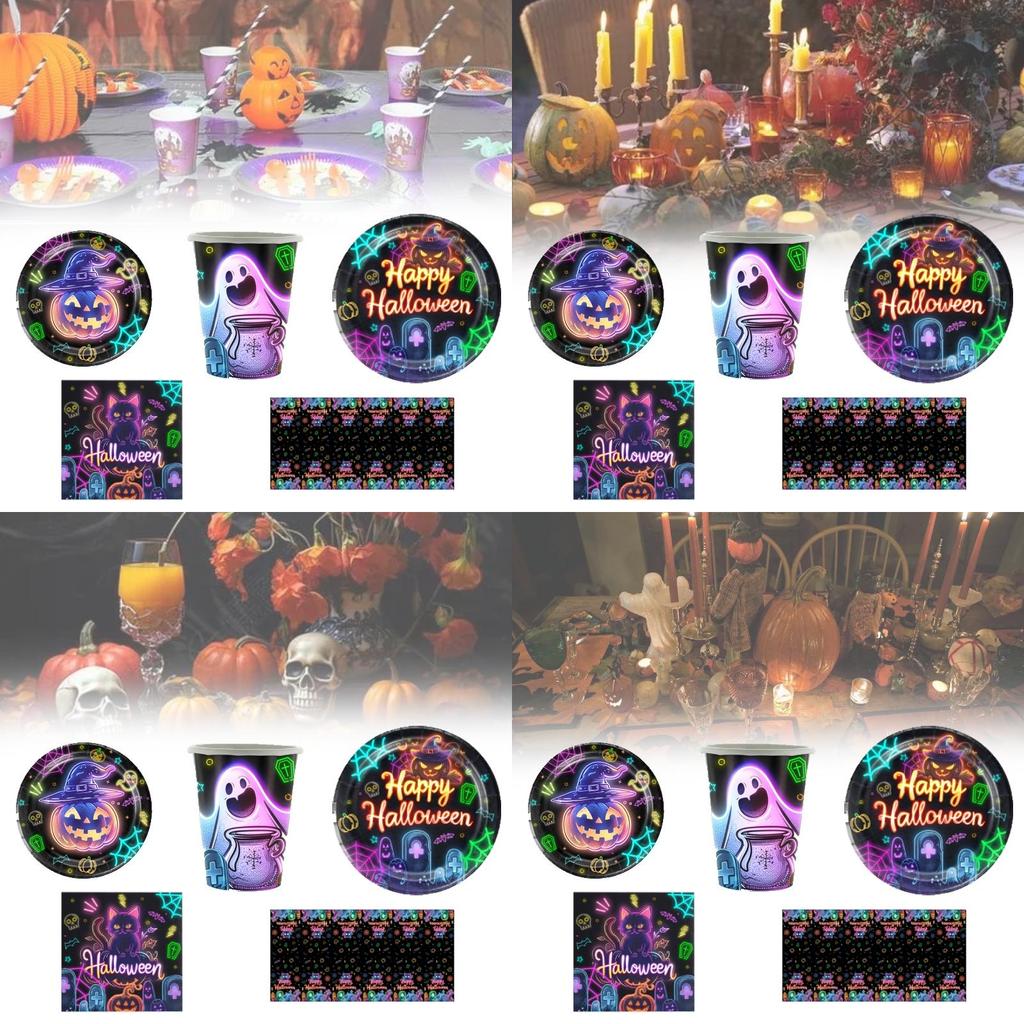 Bright Halloween Glow Disposable Party Supplies Set For 12 Featuring Paper Plates Cups Napkins And Tablecloth