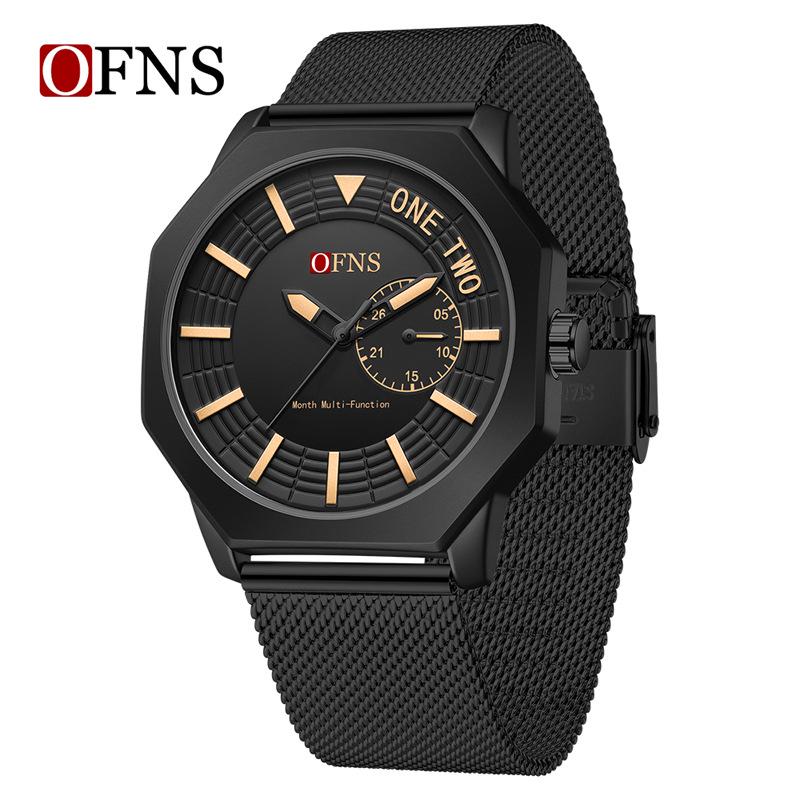 OFNS Octagonal Men's Quartz Wristwatch: Simple Bar Index, Date Display, Waterproof, Business Style, Douyin Inspired.
