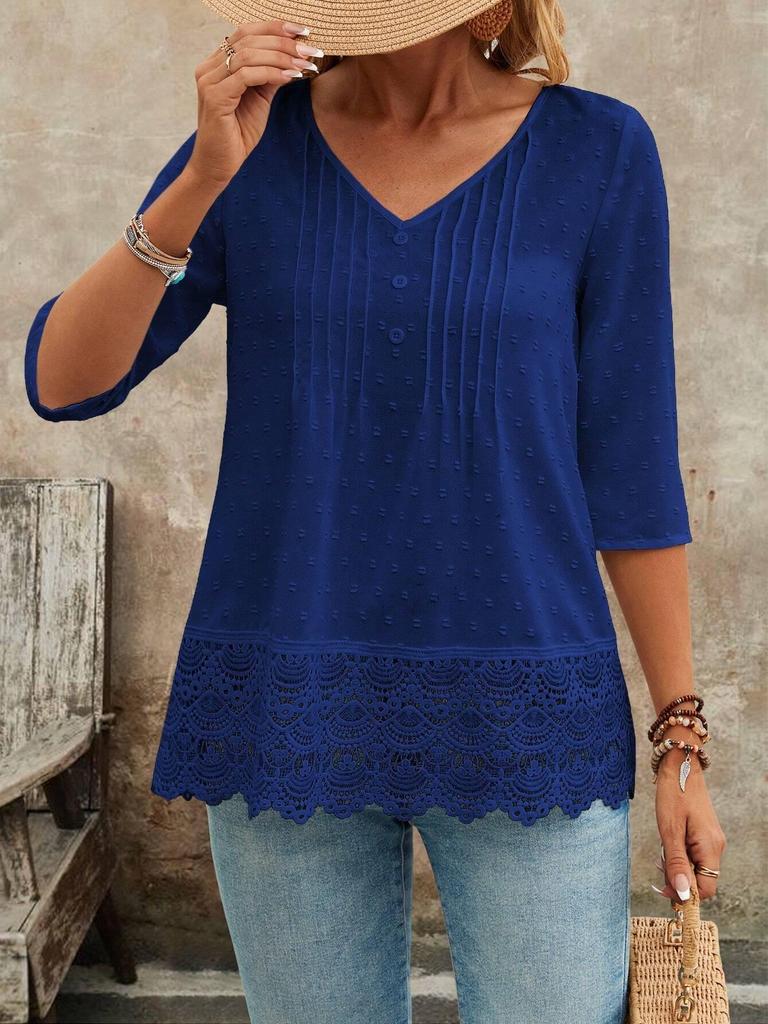 French Forest Style Hollow Embroidery Lace Casual Women's Short Shirt