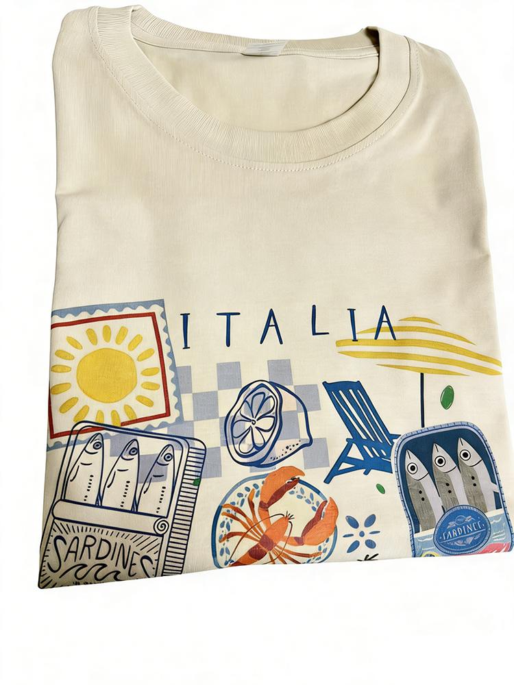 T-shirt Grafica Capri Italia Retro Divertente Camicia Vacanza Frutti di Mare Manica Corta Girocollo Top Casual Abbigliamento Donna Oversize