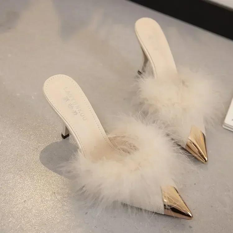 Fur Slippers Woman High Thin Heels Woman Shoes Sexy Pointed Toe Outdoor Slides Fashion Summer House Slippers Flip Flops Sandals