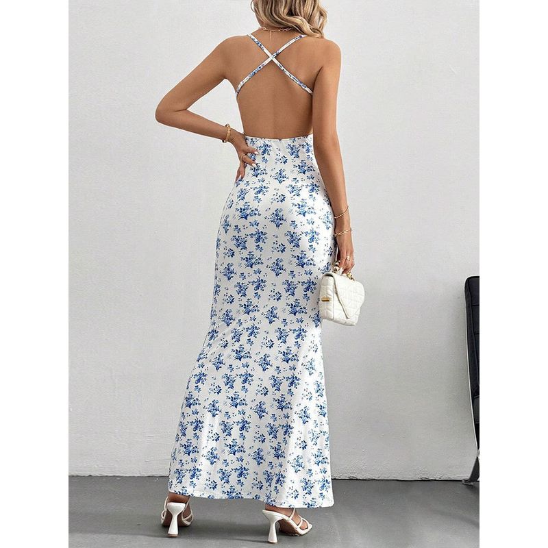 Halter Backless Floral Dress Sweet Fresh Sling Open Back Floral Vacation Style Dress