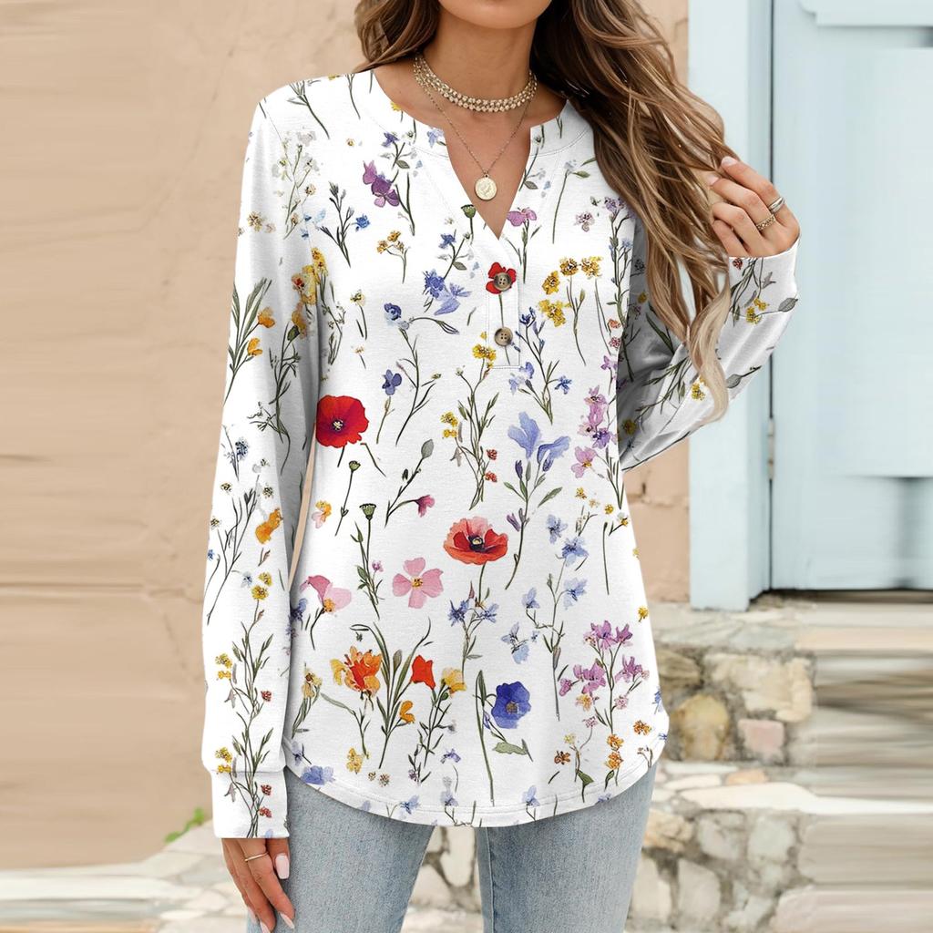 Women's Fashion Casual Floral Print Long Sleeve T-Shirt Pullover Top