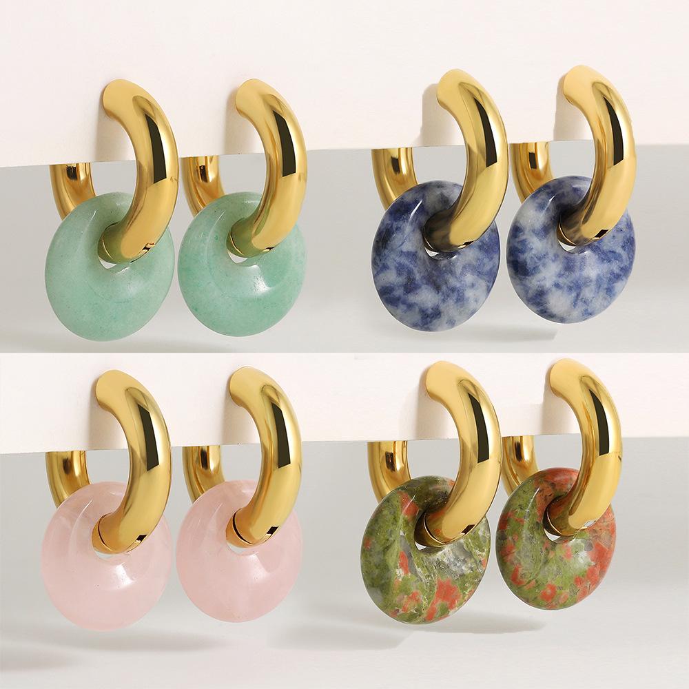 Stainless steel 18K gold colored natural stone earrings, Guofeng new Chinese round earrings, ear buckle ear jewelry