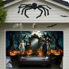 A Halloween garage door banner featuring terrifying bandages monsters witches bats pumpkins owls and dead trees
