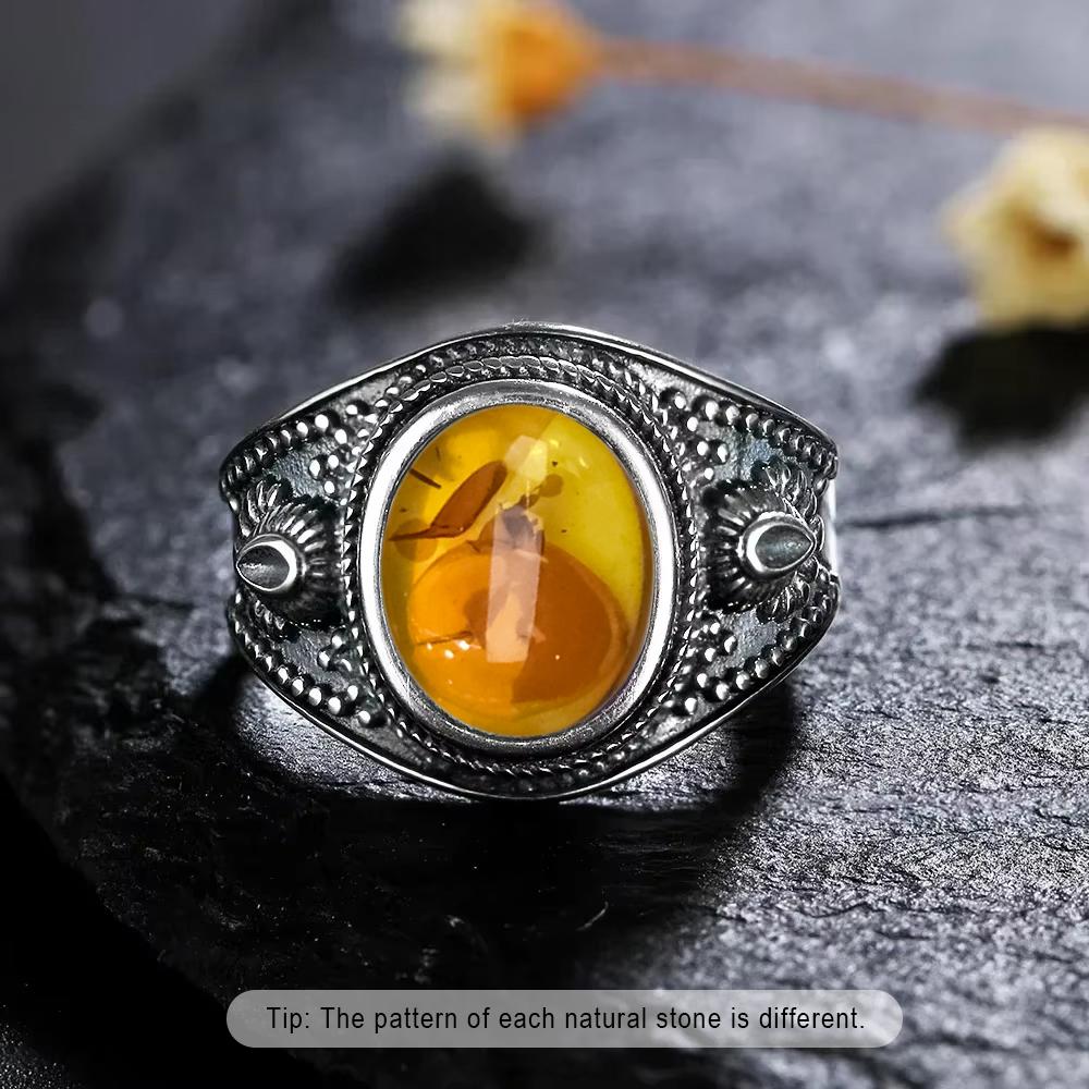 S Sterling Silver Ring With Natural Amber Stone Flower Shape Oval Petal Amber Stone Gifts Fine Jewelry For Women