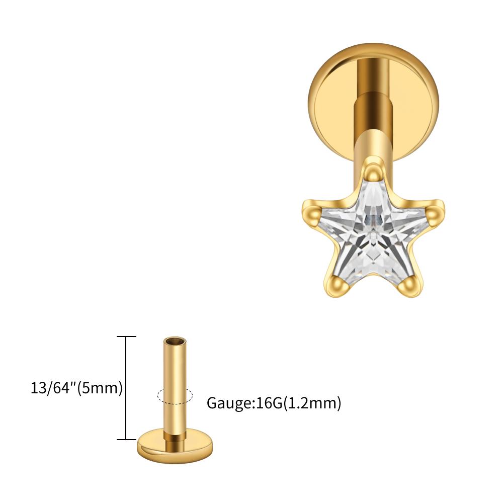 Right Grand ASTM F136 Titanium Star CZ Cartilage Earring 16G Dainty Star Flat Back Stud Tragus Conch Helix Nose Labret Piercing