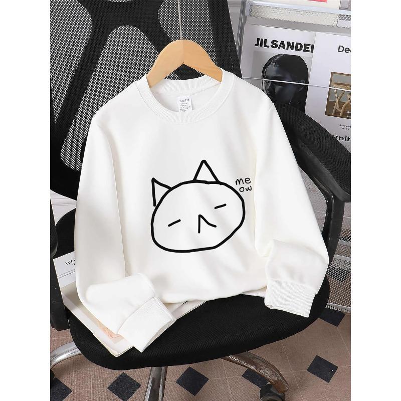 Kids Sweatshirt Crewneck Sweatshirt - Cat Face with Closed Eyes And Meow Text Machine Washable, Spring And Autumn