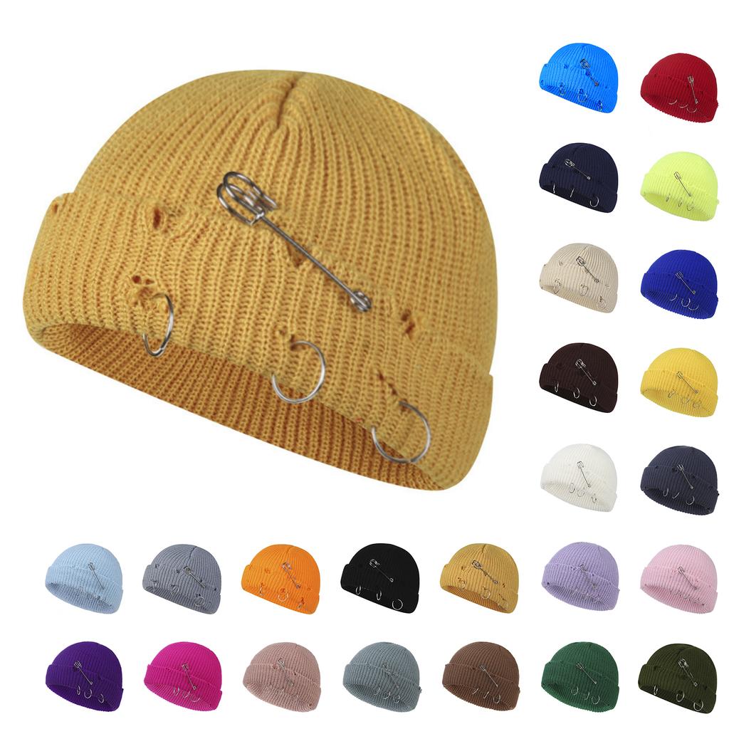 Fall And Winter Trendy Solid Color Safety Pin Iron Ring Knitted Wool Hat, Vintage Holey Pullover Wool Hat
