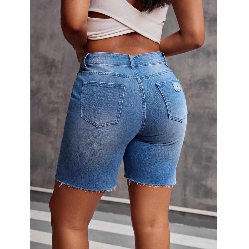 Women Summer Denim Shorts High Waist Solid Color Pockets Jean Short Pants