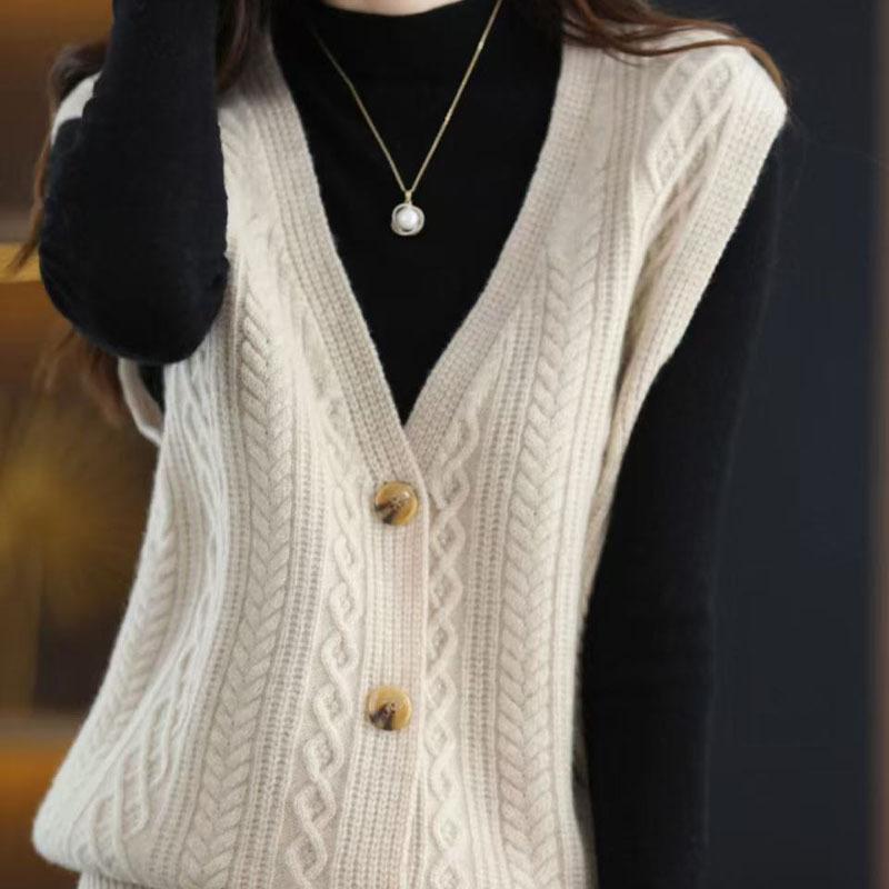 2026 Spring/Autumn Women's Korean V-neck Knit Buttoned Sleeveless Cardigan Vest