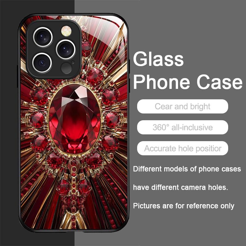 Elegante Custodia in Vetro Temperato con Motivo a Cuore di Pietre Preziose per iPhone 17 16 Pro Max 15 14 13 12 Mini 11 X XS 7 8 Plus Cover