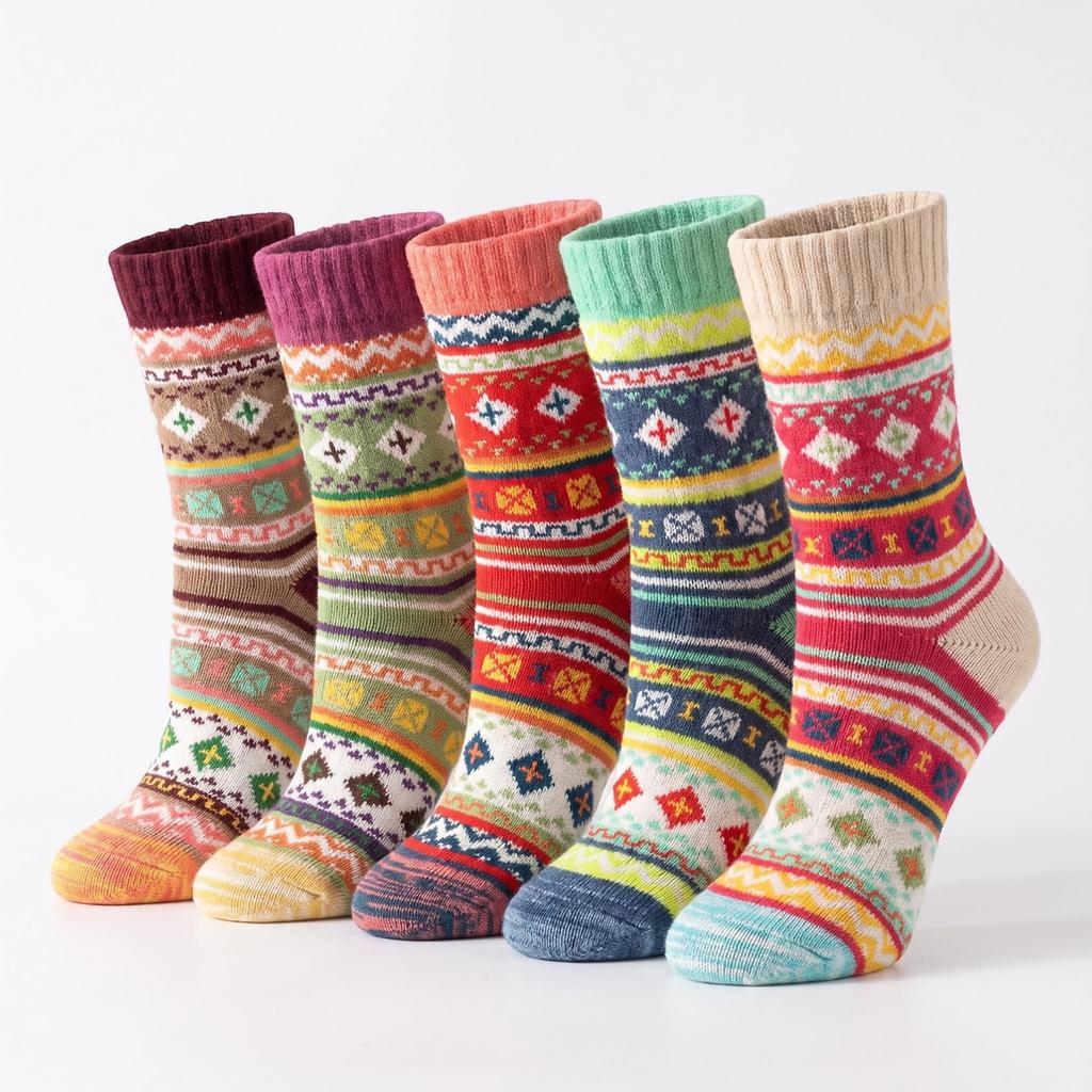 Women's Thick Warm Wool Mid-Calf Socks, Cross Flower Pattern, 5 Pairs