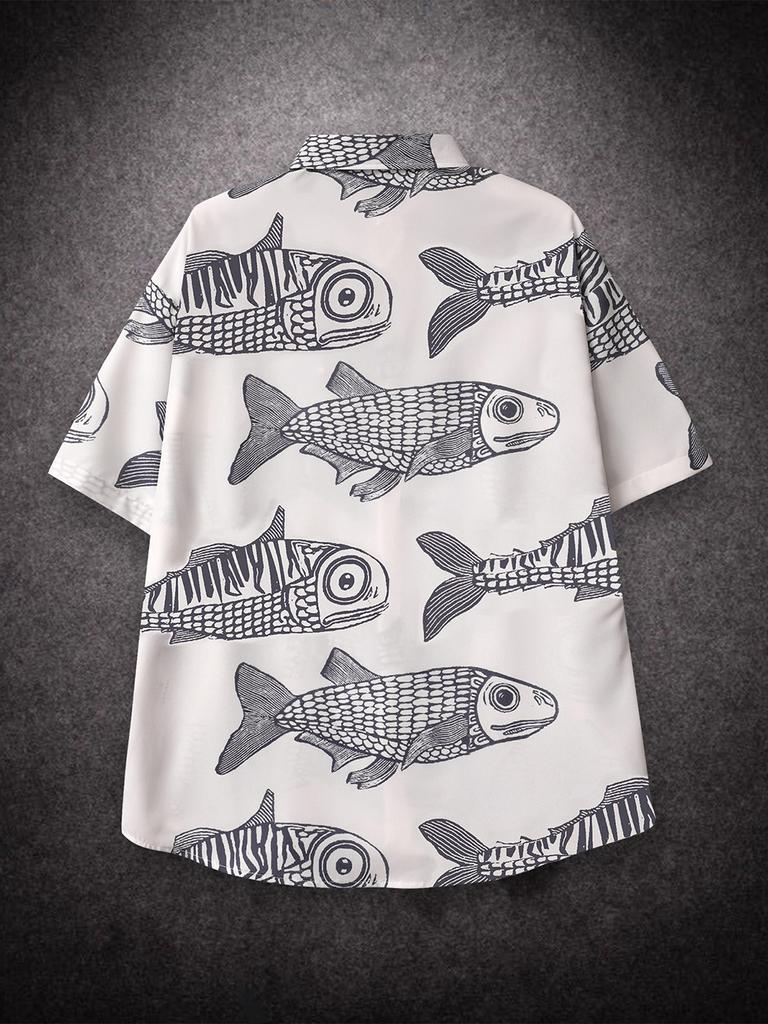 Übergroßes, lockeres Vintage-Kurzarmhemd mit Karpfen-Vollfisch-Print für Herren, lockeres Sommerhemd, trendiges Streetwear-Oberteil für Männer