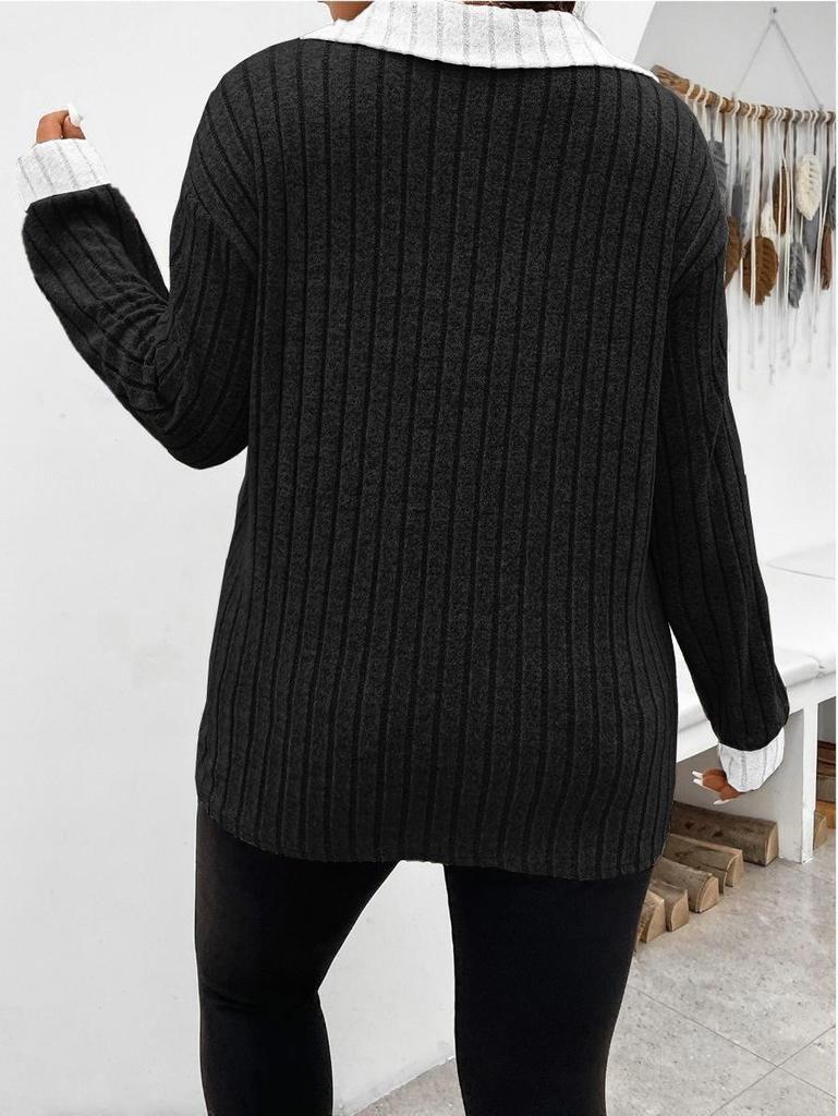 2025 Autumn/Winter Women's Plus Size V-Neck Long Sleeve Ribbed Brushed T-Shirt