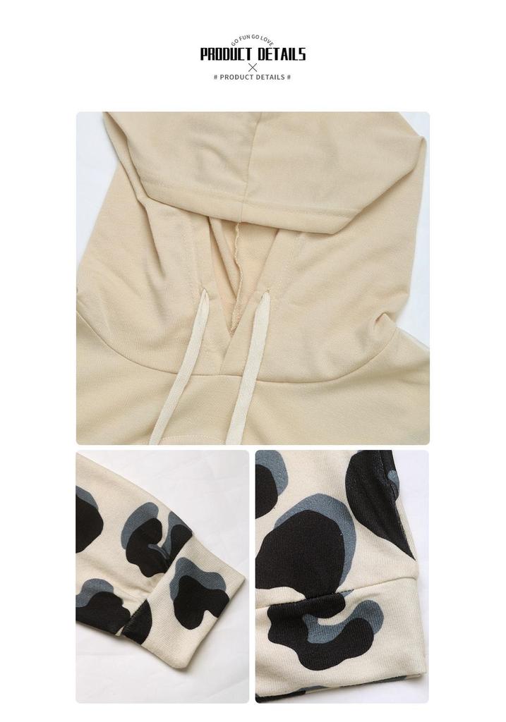 2025 Loose Leopard Print Two-Piece Style Hollow Out Hooded Sweatshirt