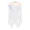 Womens Long Sleeve Bodysuit Dress Rhinestones Sheer Mesh Hem Buttoned Crotch Latin Dance Wear