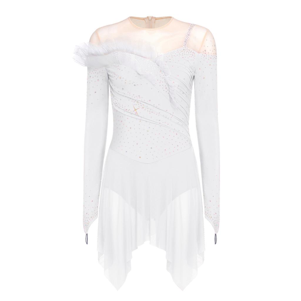 Womens Long Sleeve Bodysuit Dress Rhinestones Sheer Mesh Hem Buttoned Crotch Latin Dance Wear