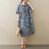 Summer Loose Artistic Retro Printed Cotton Linen Short Sleeved Dress for Women Covering The Flesh Showing Off Thinness Casual Dresses