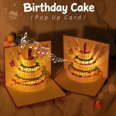 Biglietto di Auguri Musicale 3D Torta di Compleanno con Luce LED in Carta per Fidanzato Fidanzata Amici