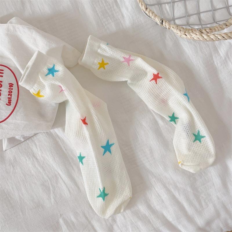 Ladies Spring and Summer Thin Striped Star Color Polka Dot Lovely Breathable Mesh Hollow Tube Stack Socks