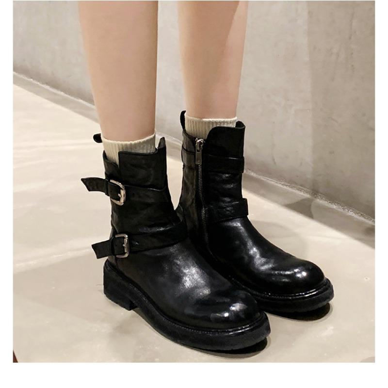 ~ One-word Buckle with Thick-bottomed Washed Shrinkage Horse Leather, Thin Short Boots for Women
