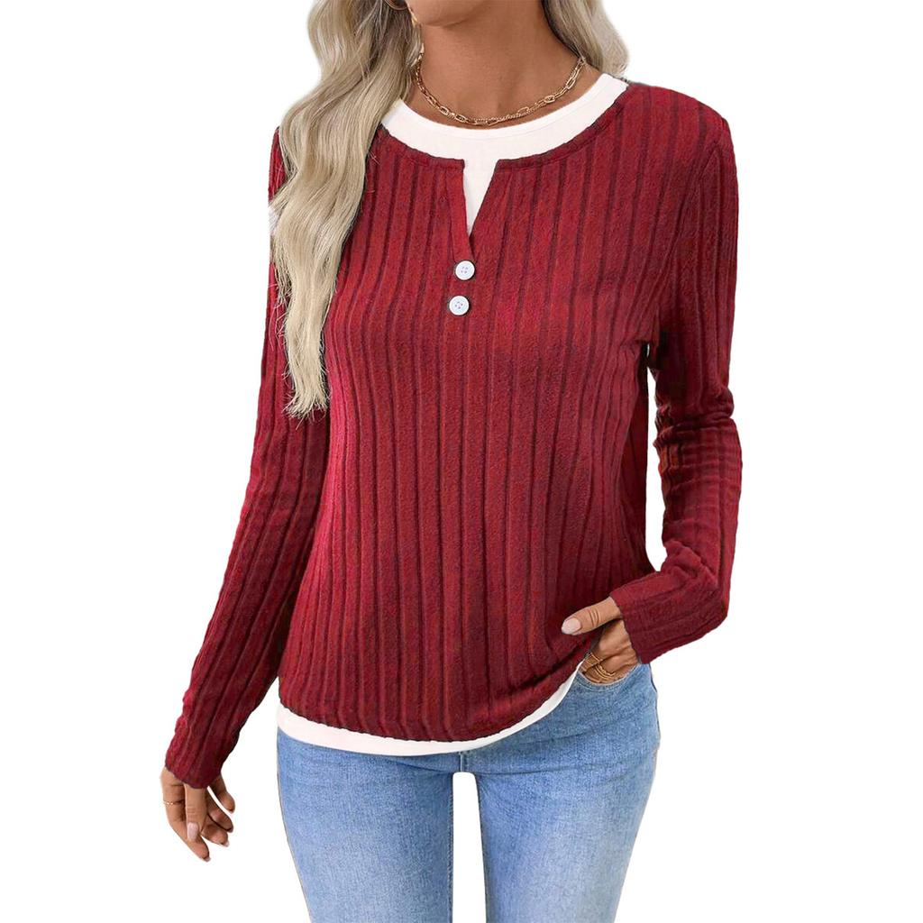 Women's Fashionable Solid Color Long Sleeved Round Neck Fake Two-piece Casual Pullover T-shirt Top