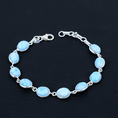 Náramek z přírodního drahokamu larimar, masivní stříbro 925, ručně vyráběné šperky, oválný stříbrný náramek pro dárek k Valentýnu