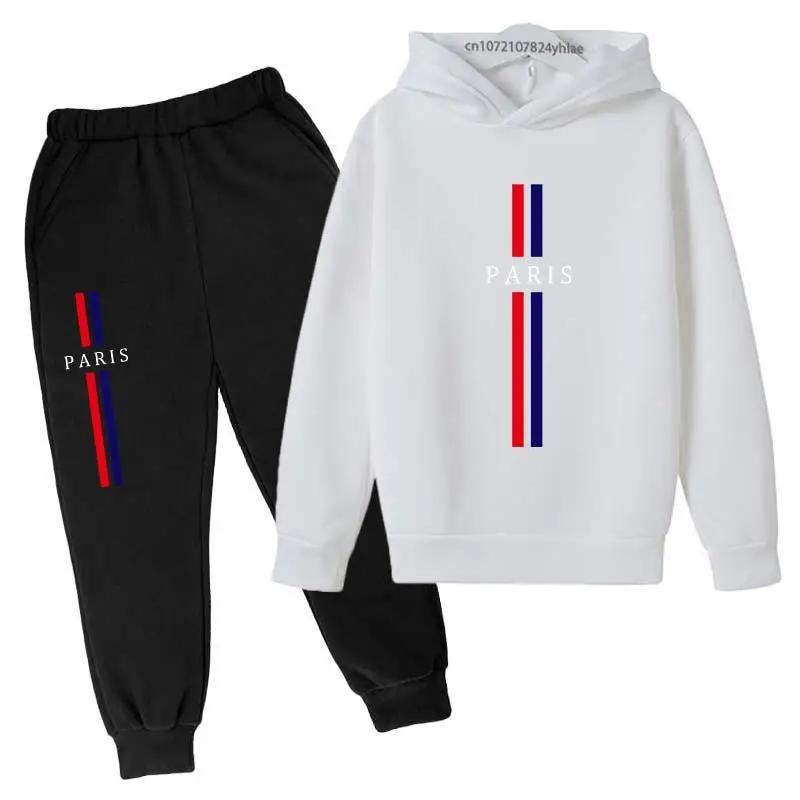 Jungen und Mädchen Herbst Freizeit Buchstabe Paris Aufdruck Hoodie+Hosen Anzug Mode Einfach Sport 2-teiliges Set Sport Trainingsanzug