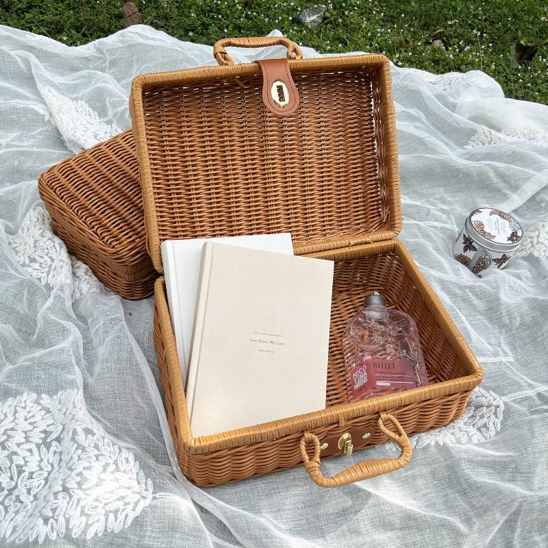 Imitation Rattan Woven Storage Box Vintage Handwoven Case Home Storage Basket Retro Style Decorative Suitcase Hand Gift Box