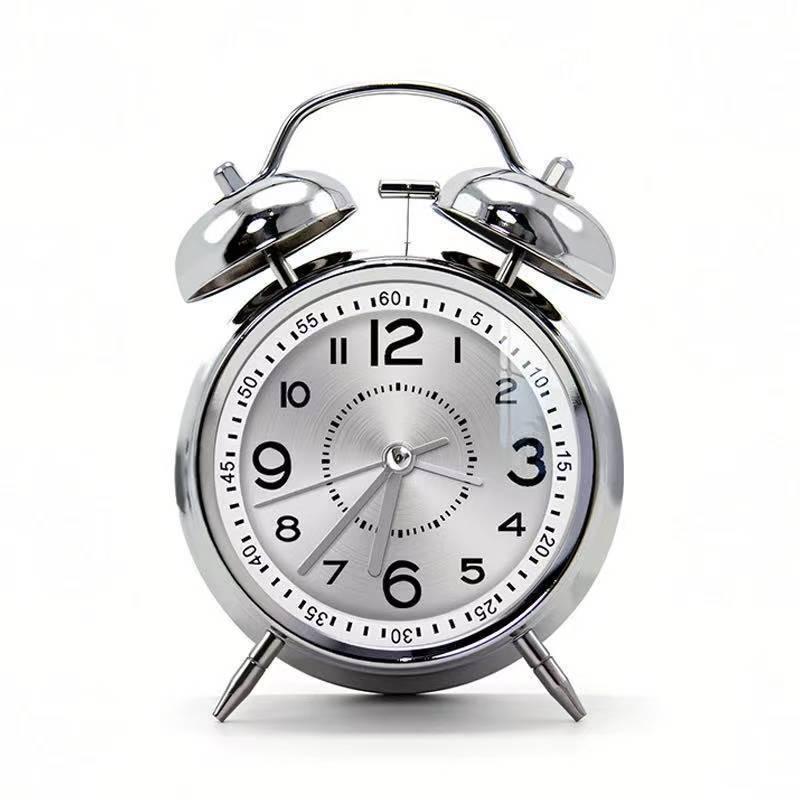 Rechargeable Metal Bell Alarm Clock with Night Light - Super Loud Wake-Up Device for Bedsides, Ideal for Students and Elderly Rooms.