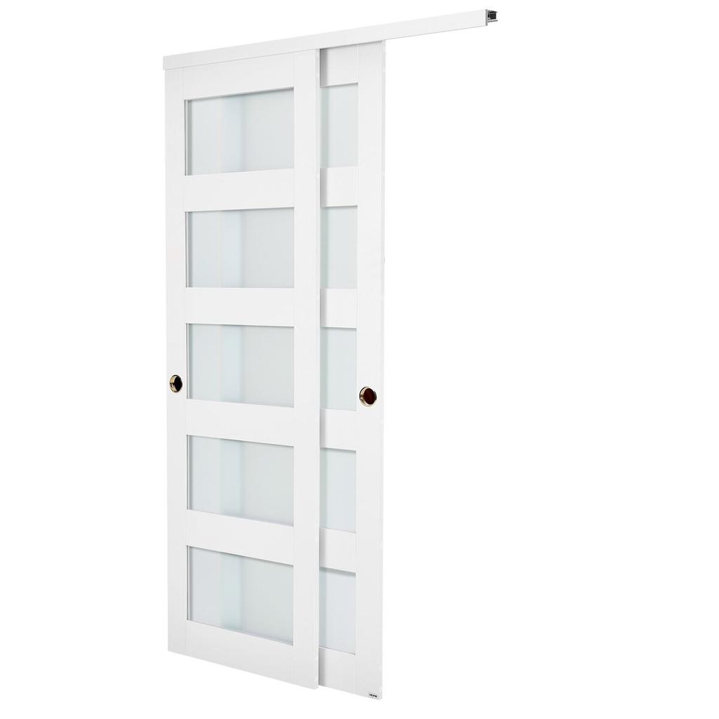Sliding Closet Door, 1219mm (Double 635mm) x 2032 mm, 5-Lite Frosted Glass Bypass Sliding Doors with Hardware Kit, Solid Wood & MDF Slab with