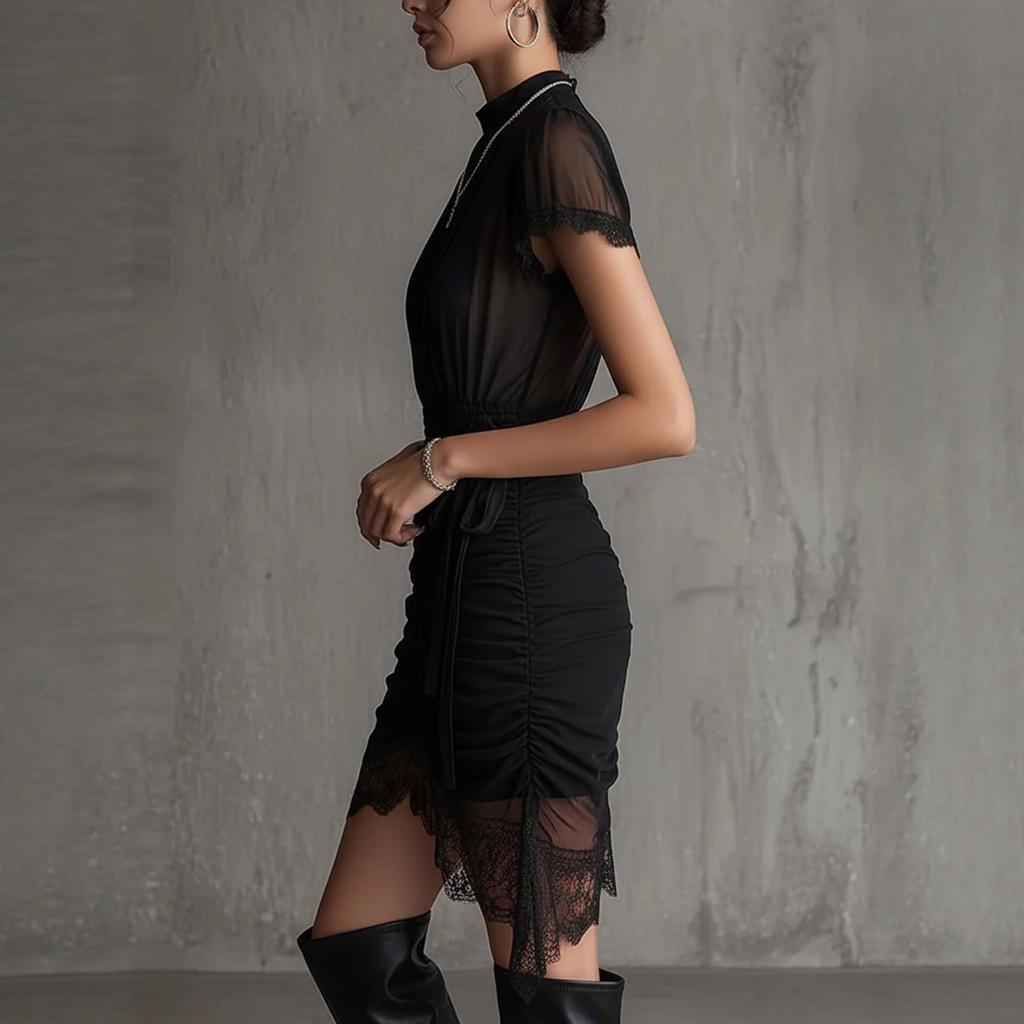 New European and American Style, Black Perspective Lace Splicing Dress, Slim and Thin, High Split Skirt Lace