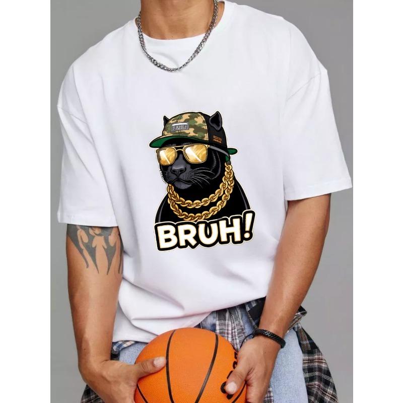 Crewneck T Shirt White Panther with Camo Hat Gold Chains and Sunglasses Bruh Text Streetwear Casual Wear for Men and Women